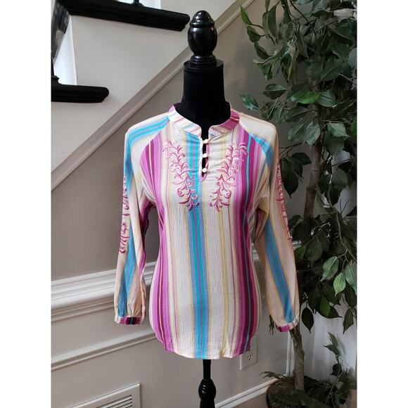 Reba Blouse Top Women S Multicolor Striped Cotton Embroidered Boho Festival - Picture 1 of 11